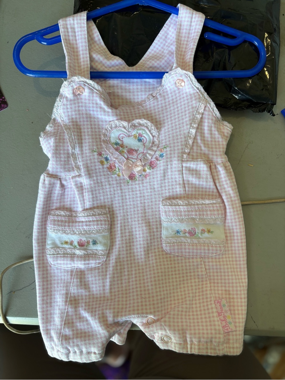 Vintage Sandi Pink Gingham Bubble Romper 0-3M Rare TeddyBear Embroidery Boutique